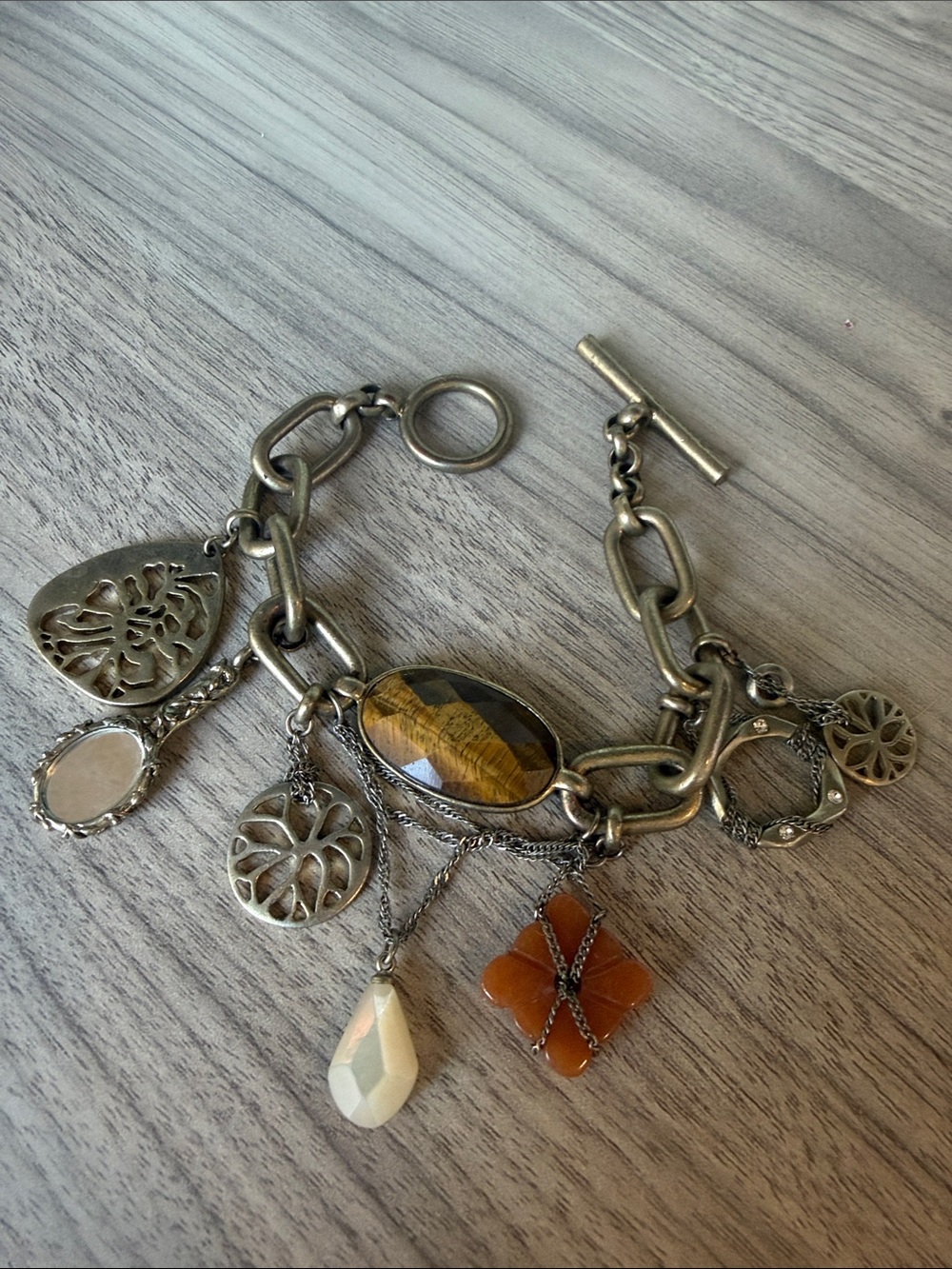 Lucky Brand Silver-Tone Charm Bracelet with Brown Tiger Eye and Orange Accents